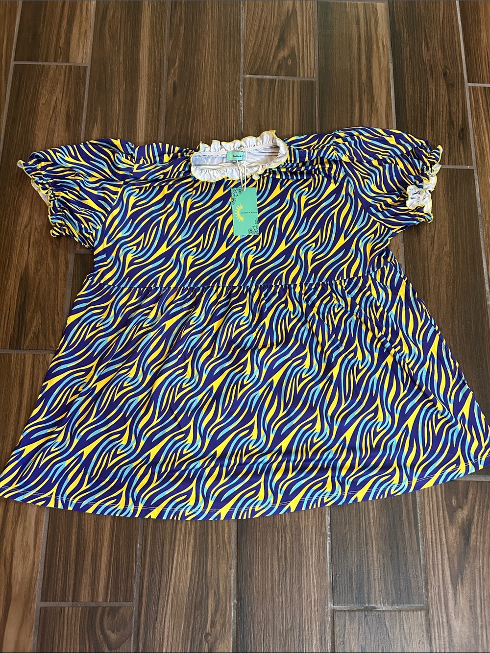 Short-Sleeve Ruffled Peasant Top in Blue & Yellow